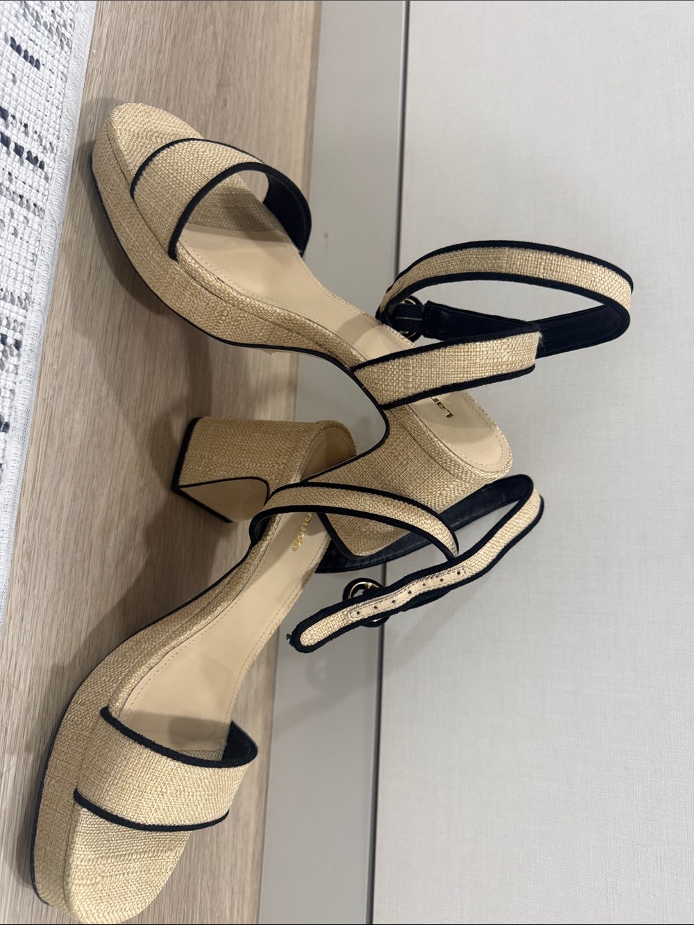 Larroude Beige Raffia Block Heel Sandals with Black Trim and Ankle Strap